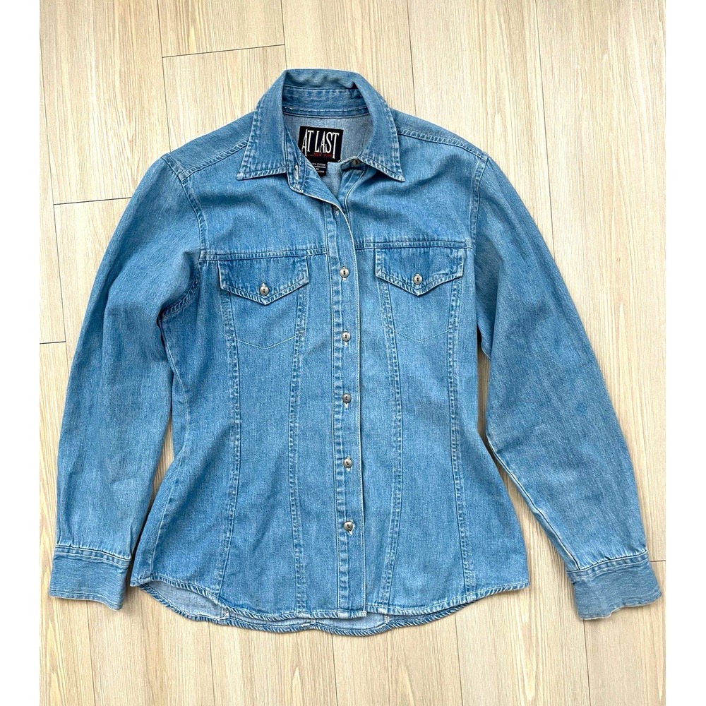 At Last VTG Women's Blue Cotton Denim Button-Up Shirt Sz M Western Cowgirl